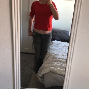 Röd T-shirt - Bra skick! Använd fåtal gånger, finns en liten fläck nere på tröjan men synsknappt. Nära inpå croppad. Nypris 150 kr. Säljer då den ej kommer till användning. Skriv för mer info!😊