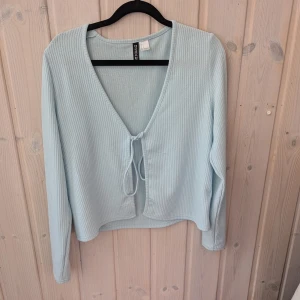 Ljusblå ribbad tröja från H&M Divided,Strl L - En ljusblå ribbad tröja från Divided med långärmad design. Tröjan har en knytning framtill och en v-ringad halsringning. Den är tillverkad i ett mjukt och bekvämt material Mycket fint skick, lite ytludd förkommer dock vg och se bilder.