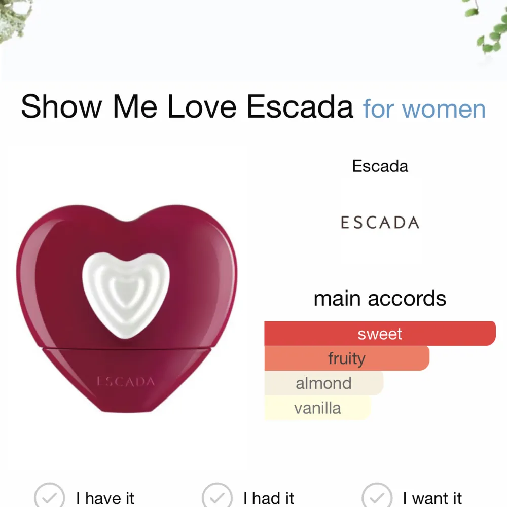 Escada Show Me love 100 ml, endast testad! Som ny. Nypris 1050 mitt pris 600 kr. (Kan diskuteras). Övrigt.