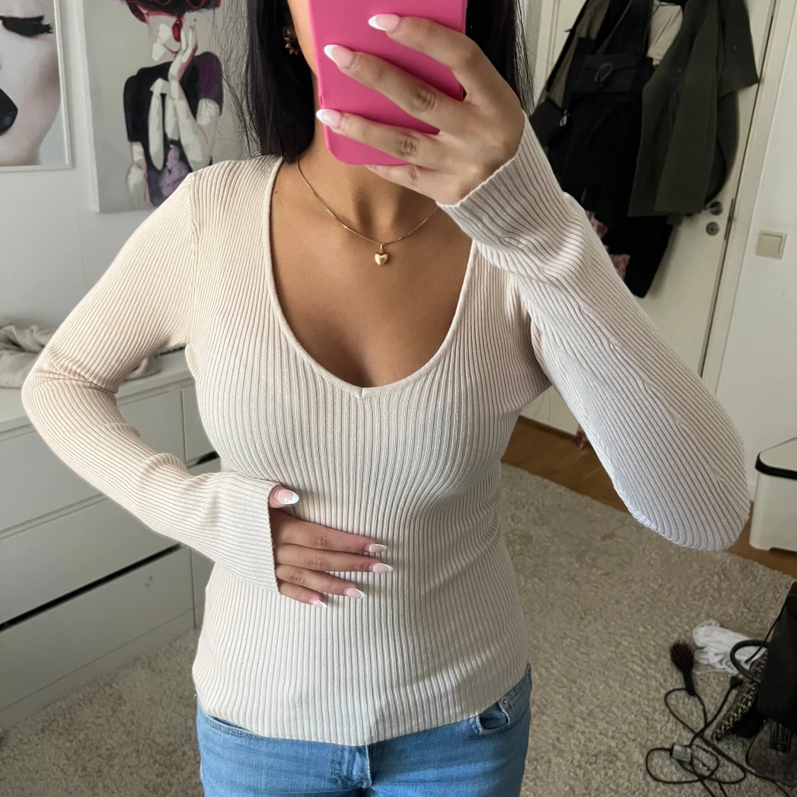 Ribbstickad långärmad tröja  - 90