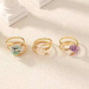 Unique for every piece, new, gold plated, natural Crystals, 3 rings in one set 