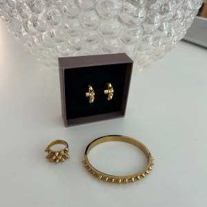 Guldiga nitsmycken från Edblad med värde av 1400 kr. Säljs endast tillsammans. Armbandet och ringen är i storlek S. Smyckena har inga defekter och skickas med en Edbladbox.