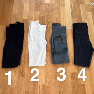 Träningsbyxor  - Säljer dessa 4 träningsbyxor!  Alla 4 för 200kr 1 par: 60 kr stycket   ( OBS‼️‼️‼️ alla byxor är inte strl xs, skriv pm till mig vilka eller vilken byxa du vill ha så berättar jag!    Pm för beskrivning av byxorna!   ‼️Nummer 3 är sålt ‼️