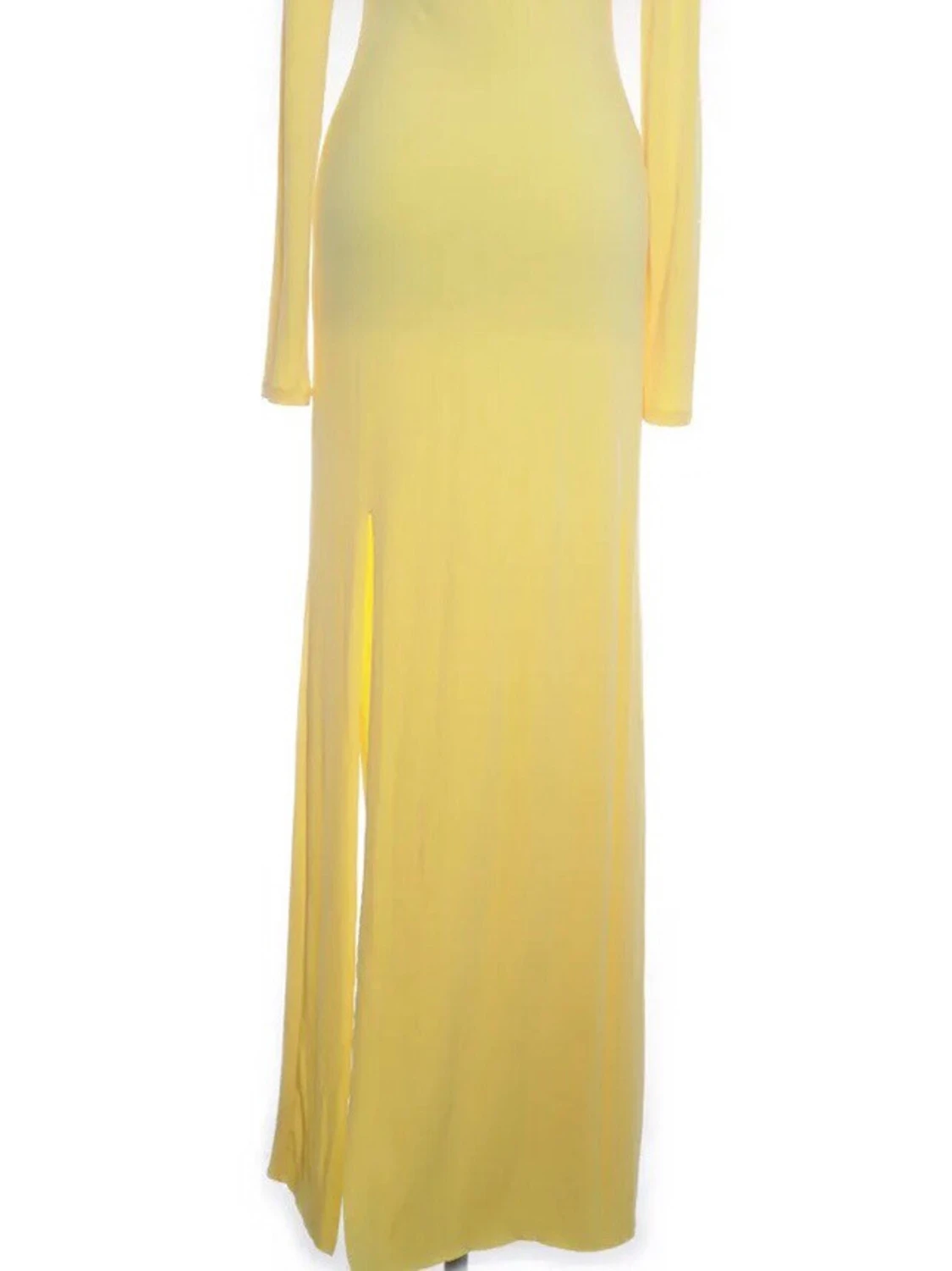 Gul långärmad maxiklänning med slits - 2