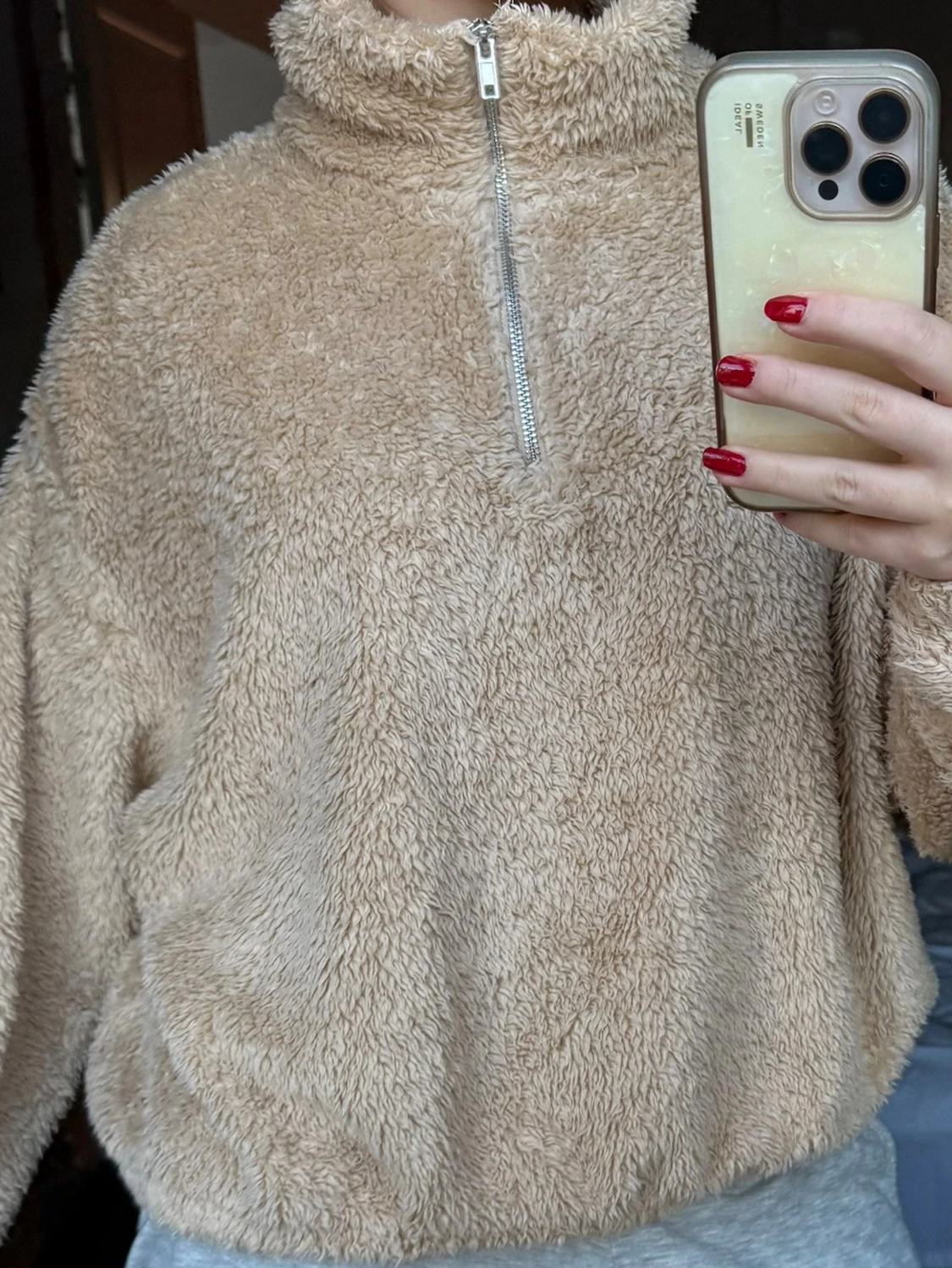 Beige teddyjacka med half zip - 2