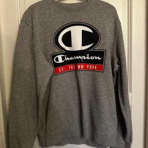 Grå sweatshirt från Champion - Säljer en grå sweatshirt från Champion med stort tryck på bröstet i svart, vitt och rött. Tröjan har rund halsringning och långa ärmar