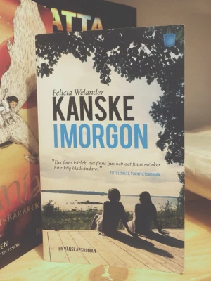 Kanske imorgon av Felicia Welander 📖 - Romanen 'Kanske imorgon' är en vänskapsroman med ett omslag i blått, svart och vitt. Framsidan visar två personer som sitter på en brygga vid vattnet under ett träd. Boken är i pocketformat och har ett modernt, tilltalande omslag.