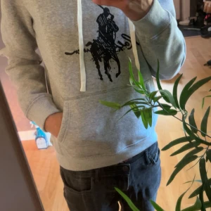 Grå hoodie från Ralph Lauren - Säljer en grå hoodie från Ralph Lauren med klassisk svart polospelare-tryck på bröstet. Tröjan har huva med vita snören och en stor magficka. Perfekt för dig som gillar en sportig och avslappnad stil.