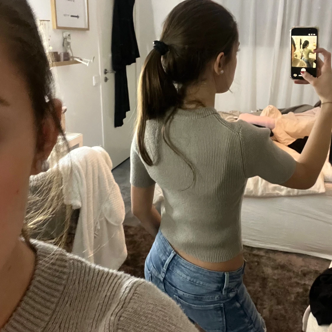 Beige ribbad stickad topp - 2