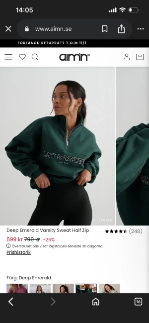 Mörkgrön half zip sweatshirt från Aim'n - Slutsåld zip tröja från amin. Anvönd httera lite (2-3gånger). Namn: Deep Emerald Varsity Sweat Half Zip.