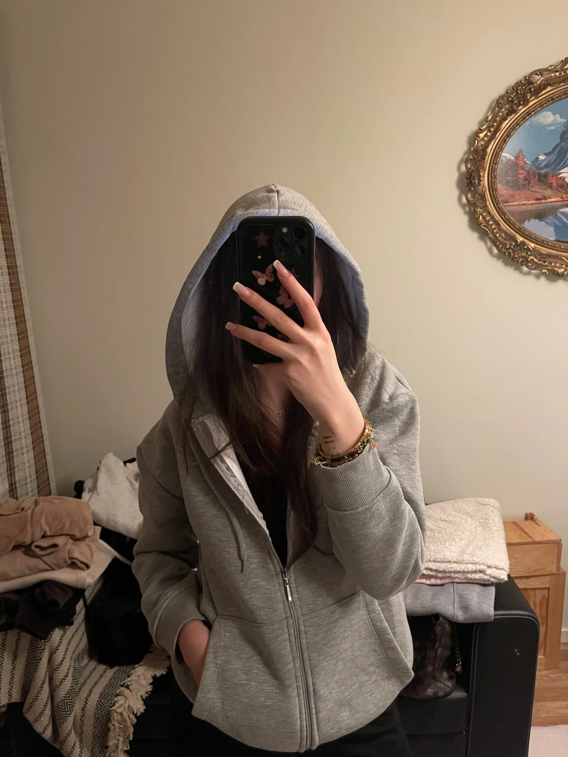 Grå hoodie med dragkedja och huva - 2