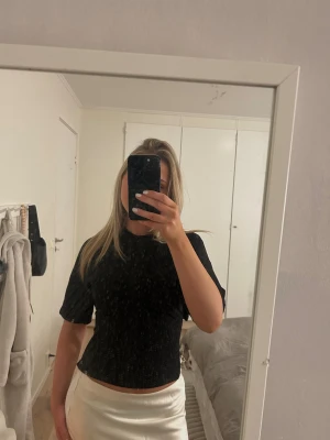 Topp med knyte i ryggen - Säljer en svart topp med korta ärmar och snygg öppen rygg med knytband från Nelly.