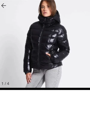 Svart glansig pufferjacka med huva - Säljer en svart glansig pufferjacka med huva och dragkedja framtill. Jackan har en quiltad look med breda kanaler och elastiska muddar vid ärmsluten. Perfekt för kalla dagar när du vill hålla värmen och ändå se snygg ut.