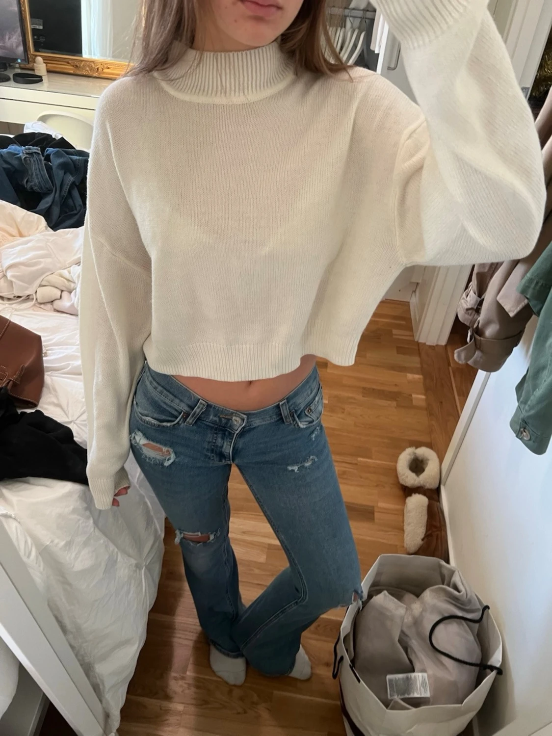 Vit croppad stickad polotröja - 2