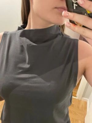 Grå ärmlös polotopp från Zara - Säljer en stilren grå polotopp från Zara i storlek L. Toppen är ärmlös med hög krage och har en croppad passform som ger en modern look. Materialet är mjukt och känns bekvämt mot huden, perfekt att matcha med jeans eller kjol.