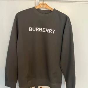Grå sweatshirt från Burberry - Säljer en stilren grå sweatshirt från Burberry med vit logga framtill. Tröjan har rund halsringning, långa ärmar och ribbade muddar. Perfekt för dig som gillar klassisk streetstyle och vill ha något snyggt och bekvämt.