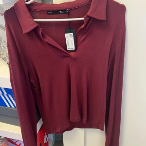 Vinröd långärmad topp från 157 - Säljer en vinröd långärmad topp från 157 med klassisk krage och lätt v-ringning. Toppen är i mjuk bomullsmix och har en enkel, stilren design som passar perfekt till jeans eller kjol. Färgen är djup och snygg, och modellen är normal i passformen. Den är helt ny med pris lapp och aldrig använd.