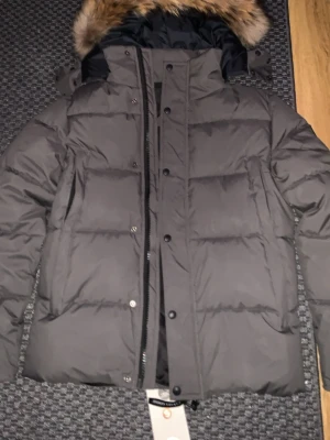 Canada Goose Wyndham jacka  - Säljer en grå  pufferjacka från Canada Goose med fet pälskrage och klassisk patch på ärmen. Jackan har dragkedja och knappar framtill, stora fickor och är riktigt varm. Perfekt för kalla dagar och har en clean, stilren look. Helt ny och oanvänd, skriv gärna till om ni har frågor!