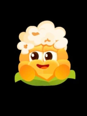 Online sticker (KÖP INTE) - Rolig accessoar i form av en tecknad popcornmaskot med stora ögon och ett leende. Maskoten har gul-orange färg, vit popcorntopp och grön bas. Perfekt för maskerad eller cosplay med mattema.