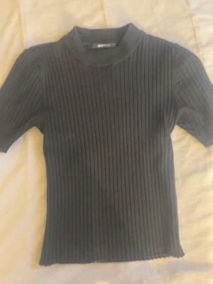 Svart ribbad topp från Gina Tricot - Snygg svart ribbad topp från Gina Tricot med korta ärmar och högre rund halsringning. Toppen har en slim passform och är tillverkad i stretchigt material som sitter skönt på kroppen. Perfekt att styla med jeans eller kjol. köpt för 249kr. använd 20 gånger ungefär 