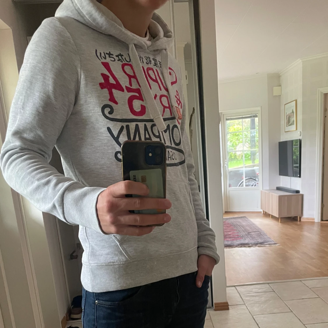 Grå vintage Superdry hoodie med tryck - 1