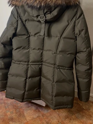 Oliv pairing dunjacka med pälskrage Hollies - Säljer en olivgrön dunjacka från Hollies med stor fluffig pälskrage och flera sorters fickor framtill. Jackan har dragkedja, långa ärmar och en snygg badge på armen. Perfekt för kalla dagar och riktigt stilren look.