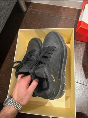 Svarta Axel Arigato Area Lo sneakers - Orginalpris 3450 Mitt pris -> 1799✅ Säljer ett par svarta Axel Arigato Area Lo sneakers med chunky sula och guldfärgad logga på sidan. Skorna har snörning, rund tå och är tillverkade i en mix av skinn och syntetmaterial. Perfekta för dig som gillar stilrena och moderna sneakers.