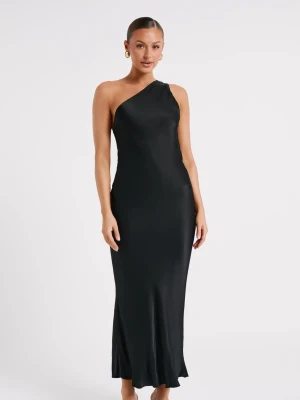 Svart oneshoulder långklänning Meshki - Supersnygg svart långklänning från Meshki i oneshoulder-modell. Klänningen har en elegant och stilren siluett med slät yta och är tillverkad i ett glansigt material. Aldrig använd, tvättats en gång. 