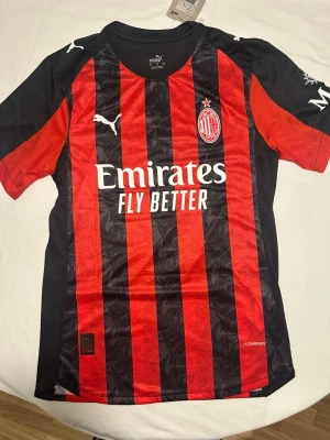 AC Milan tröja - AC Milan matchtröja med Rafa Leão och nummer 10 på ryggen. Tröjan har klassiska röda och svarta vertikala ränder, klubbmärke på bröstet och sponsortryck. 