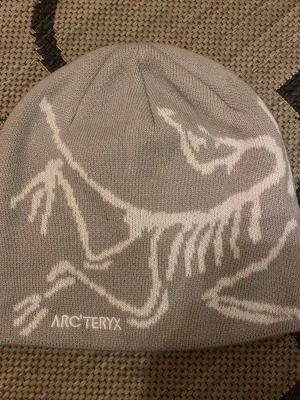 Grå mössa från Arc'teryx - Snygg grå mössa från Arc'teryx med vitt dinosaurie-skelettmönster och broderad logga framtill. Tillverkad i mjukt stickat material som sitter skönt på huvudet. Perfekt för kalla dagar.
