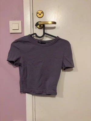 Lila croppad topp från Zara - En enkel och stilren lila croppad topp från Zara. Modellen har rund halsringning och korta ärmar. Tillverkad i mjuk bomull som känns skön mot huden. Perfekt att matcha med höga jeans eller kjol för en avslappnad look.