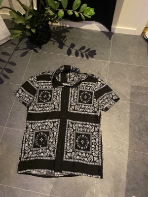 Svart kortärmad skjorta FSBN - Svart skjorta från FSBN med vit paisley och fyrkantigt mönster. Regular fit och korta ärmar, perfekt för dig som vill sticka ut med en cool och grafisk look. Skjortan har knappar framtill och mjukt material som känns skönt mot huden.