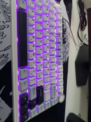 Aula F75 tangentbord med RGB-belysning, 0,01 mm för uppdatering (top 10 i hela världen) - Snyggt mekaniskt tangentbord med RGB-belysning och dubbla tecken (engelska och ryska). Kompakt layout, dedikerad volymratt och programmerbara tangenter. Perfekt för gaming och arbete sopm kräver snabb respons. Tangenter och belysning i mycket gott skick, inga synliga defekter.