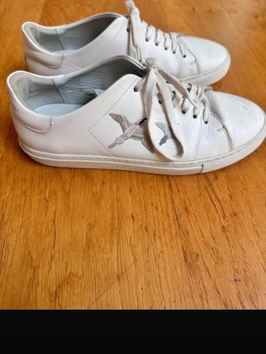 Axel arigato skor - Säljer ett par stilrena vita sneakers från Axel Arigato i skinn. Skorna har broderade fåglar på sidan, klassisk snörning och rund tå. Kommer med originalkartong och dustbag. Perfekta för dig som gillar minimalistisk design med en twist.
