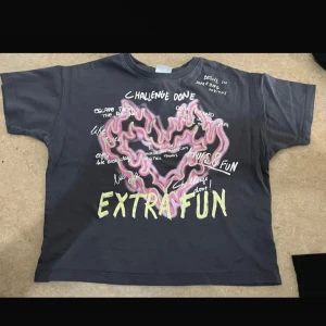 Svart t-shirt med tryck från Zara - Cool svart t-shirt från Zara med stort grafiskt tryck i rosa och gult framtill. Texten 'EXTRA FUN' och eldliknande motiv ger en edgy vibe. Klassisk passform med rund hals och korta ärmar. Perfekt för dig som gillar streetstyle och statement-plagg.