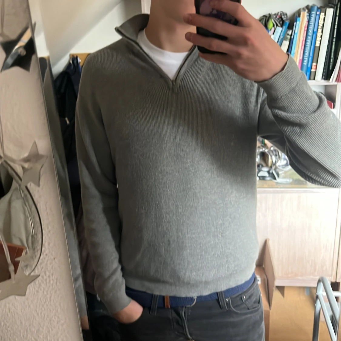 Grå stickad half zip-tröja - 3