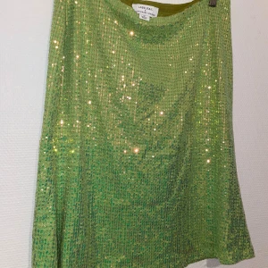 Grön low waist paljettkjol - Snygg grön kjol från Labelrail x Olivia Grace Herring, täckt med glittrande paljetter. Kjolen har en rak form och går lite över knäna. Fodrad insida för extra komfort. Säljer då den inte används