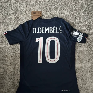 PSG Dembélé #10 matchtröja Nike - Paris Saint-Germain fotbollströja med O. Dembélé och nummer 10 på ryggen. Mörkblå med röd och vit randig detalj i mitten, PSG-emblem och Qatar Airways tryck på bröstet. Kortärmad, officiell Champions League-märke på ärmen. Tillverkad i lätt Dri-FIT material. Kan diskutera pris 