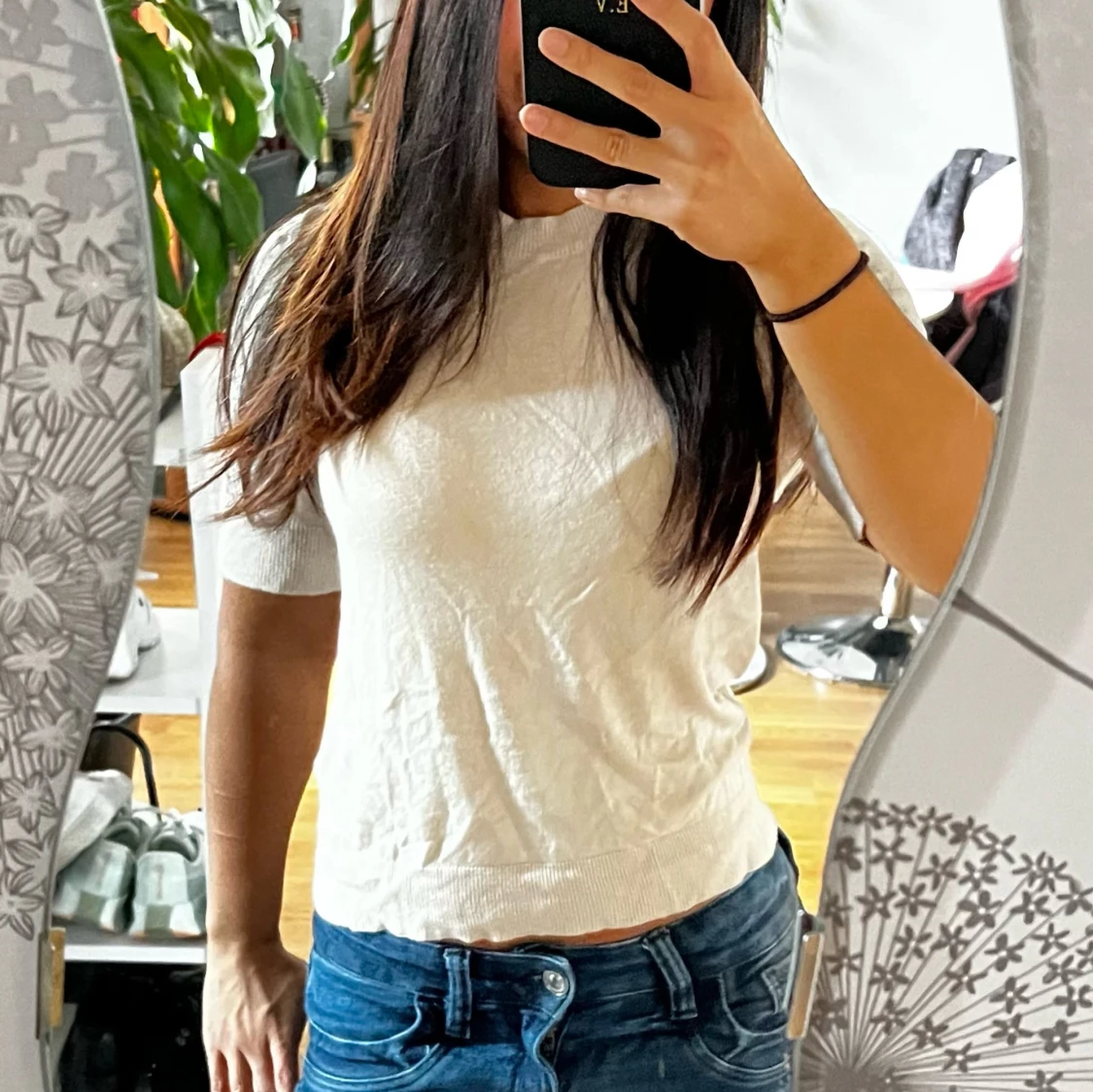 Beige stickad kortärmad topp - 2