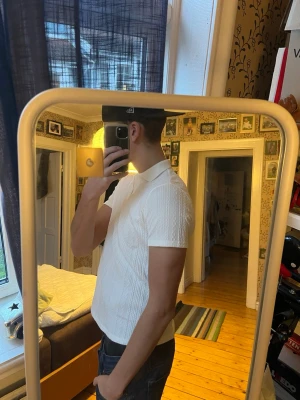 Vit ribbad polotopp med krage - Säljer en stilren vit polotopp med korta ärmar och klassisk krage. Toppen har ett ribbat mönster som ger en snygg struktur och sitter normalpassat. Perfekt till jeans eller shorts för en clean look.