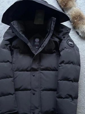 Grå Canada Goose jacka  - Säljer en svart dunjacka från Canada Goose med avtagbar huva och diskret logga på ärmen. Jackan har en puffig design, knappar och dragkedja framtill samt klassisk Canada bolagsmärkning på insidan. Perfekt för kalla vinterdagar. Påse och päls medföljer även !!