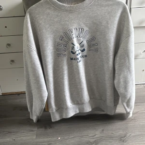 Grå sweatshirt  - Grå sweatshirt  med blå tryck fram och bak. Klassisk rund halsringning, ribbade muddar och avslappnad passform. 