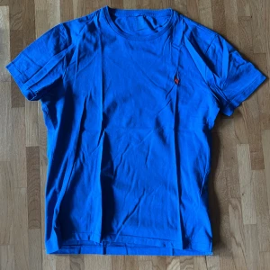 Blå t-shirt från Polo Ralph Lauren - Snygg blå t-shirt från Polo Ralph Lauren med klassisk orange broderad logga på bröstet. T-shirten är i mjuk bomull och har en normal passform med korta ärmar och rund hals. Perfekt för en avslappnad och stilren look.