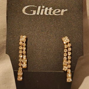 Glittriga örhängen från Glitter - Säljer ett par glittriga örhängen från Glitter i guldton med två rader av gnistrande stenar. Perfekta för att ge din look extra bling! Lätta att bära och riktigt snygga till en cool outfit.
