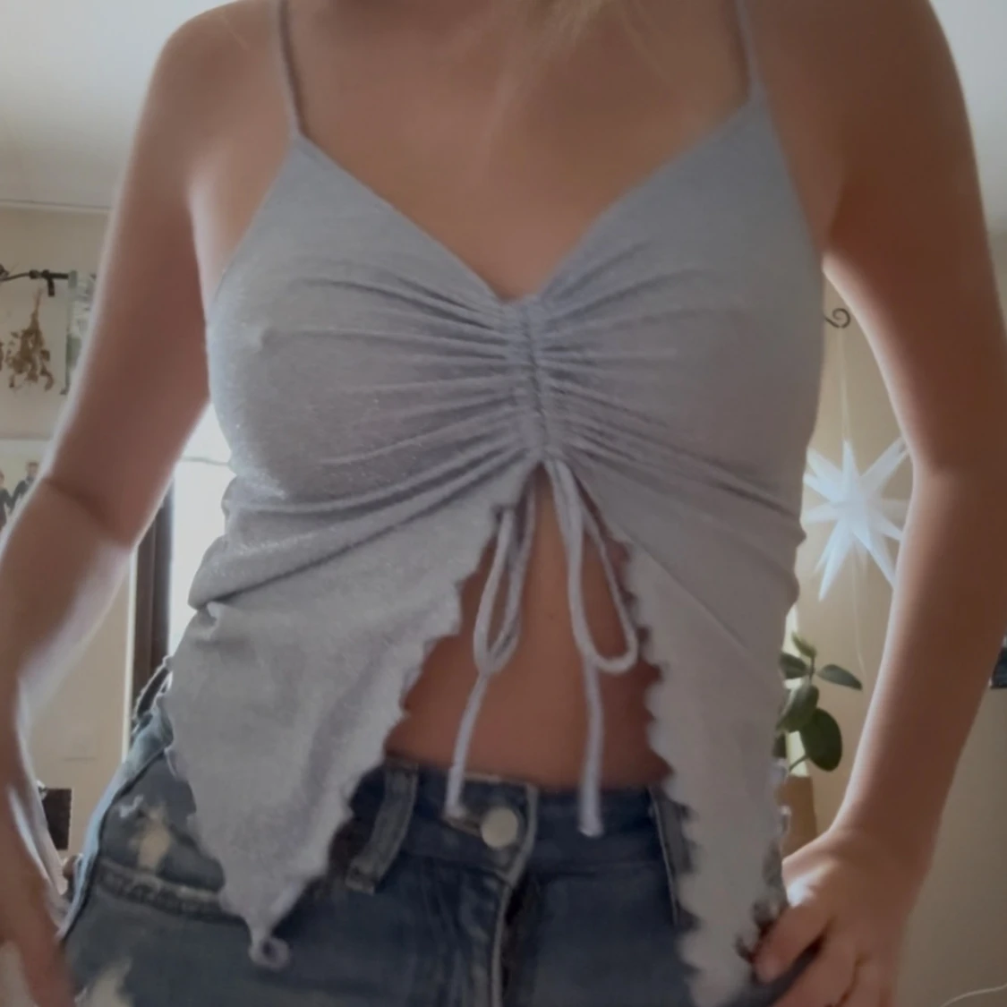 Ljusblå glittrig croppad linnetopp - 1