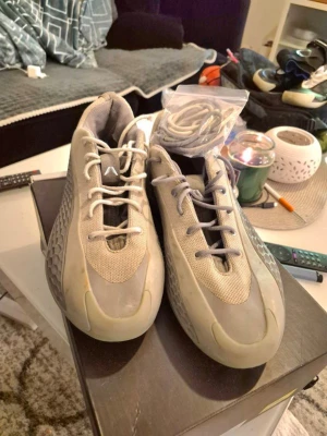 Adidas AE1 Low Metallic Gray - Säljer ett par Adidas Yeezy sneakers i beige och grå toner. Skorna har mesh- och syntetmaterial, coolt bikakemönster på sidorna och medföljande extra skosnören. Snygg, futuristisk design med rund tå och platt sula. Perfekta för dig som gillar streetwear och unika detaljer.