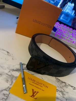 L och V rutig skinnbälte 120cm - Säljer ett bälte i svart och grått med klassiskt rutigt mönster och L och V-spänne i svart metall. Bältet är gjort i skinn och har en lyxig känsla. Kommer med originalask och certifikat. Perfekt accessoar för att lyfta din outfit.