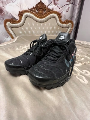Nike Air Max Plus svarta sneakers - Säljer ett par svarta Nike Air Max Plus sneakers med mesh och syntetpaneler. Skorna har ikoniska Tn Air-detaljer på hälen, vågiga linjer på ovandelen och färgdetaljer i blått och rött på sidan. Klassisk snörning och synlig Air-dämpning i sulan.