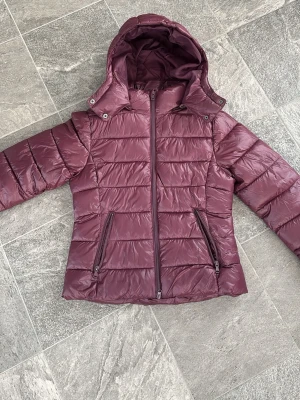 Vinröd pufferjacka från 157 - Säljer en vinröd pufferjacka från 157 i storlek S. Jackan har huva, dragkedja framtill och två fickor med dragkedja. Materialet är glansigt och lätt, perfekt för kyliga dagar. Snygg passform och quiltad design som håller värmen.