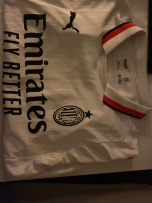 AC Milan fotbollströja Puma Theo 19 - AC Milan fotbollströja från Puma i vit med svarta och röda detaljer på kragen. Tryck med Emirates Fly Better och klubbmärke på framsidan, samt Theo och nummer 19 på ryggen. Materialet är polyester och tröjan har en klassisk krage med röd och svart rand.